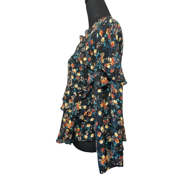 A.N.A. semi sheer floral ruffled top XS autumn colors boho micro print - Picture 4 of 7